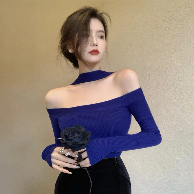 Sweater Mujer Sexy Off Shoulder Slim Knitted Sweaters White Black Women Pullovers Long Sleeve Top Pull Femme Vintage Knitwears