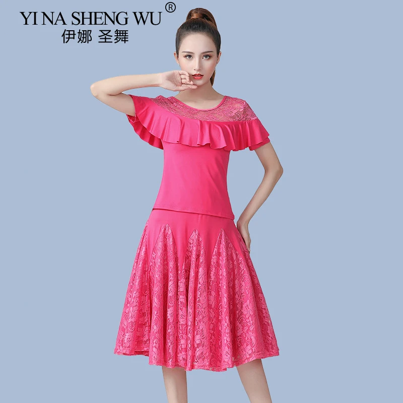Nowy strój do tańca latynoamerykańskiego Koronkowy krótki rękaw Sukienka do tańca towarzyskiego Trójkrokowy strój do tańca Strój do występów tanecznych Zestaw 2-częściowy Top Spódnica