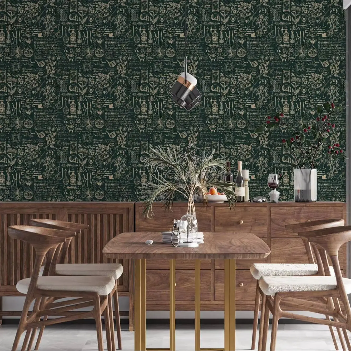 Green Medicine And Herbal Wallpaper - Beige Design Wallpaper Mural ,Retro Style Mural - Wall Art Decor Peel And Stick Wall Paper