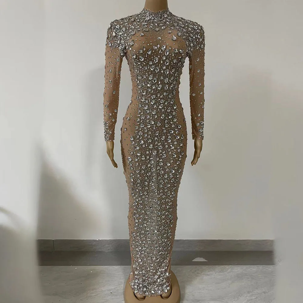 ผู้หญิง Rhinestones หรูหราคริสตัลตาข่ายยาวชุดวันเกิดงานแต่งงานฉลองชุดราตรีชุดราตรีนักร้องสวมใส่