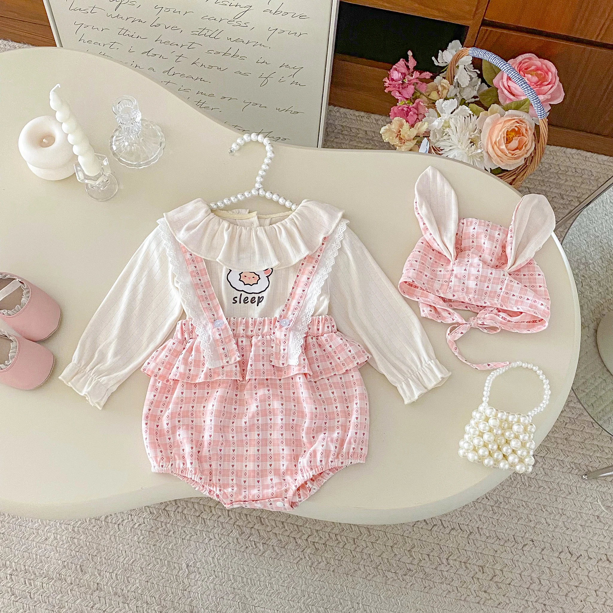 Baby girl overalls set, autumn baby crawling suit, T-shirt three-piece set