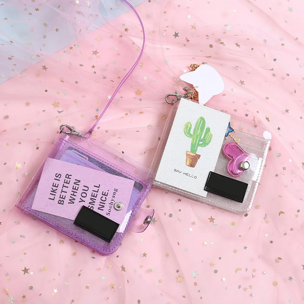 

Pvc Transparent Glitter Foldable Holder Multiple Id Slots Snap Closure Storage Bag Hanging Strap For Women Girls Light Pink