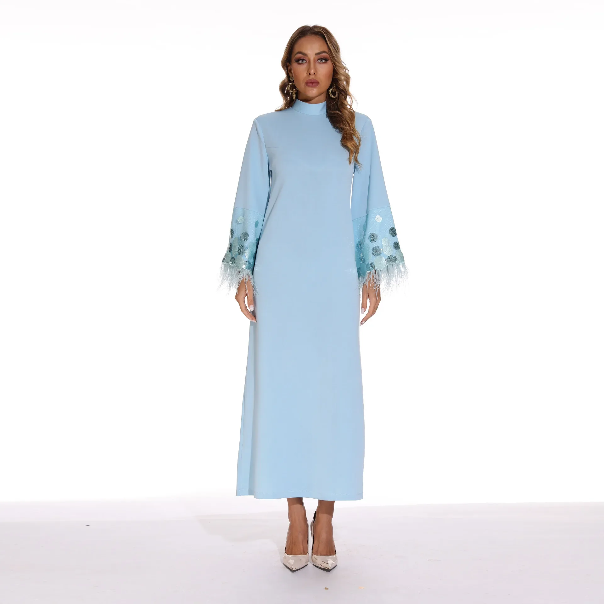 Robe musulmane longue à paillettes pour femmes, col rond, manches en plumes, moyen-orient, arabe, national, élégant, solide, nouveau, 2022