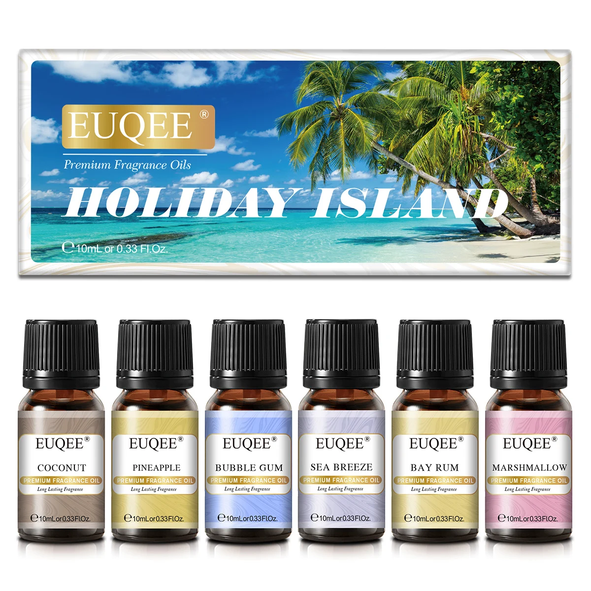 EUQEE 6-teiliges Duftöl-Geschenkset - 10ml Kokosnuss, Ananas, Kaugummi, Meeresbrise, Bay Rum, Marshmallow Duftöl für Diffusor