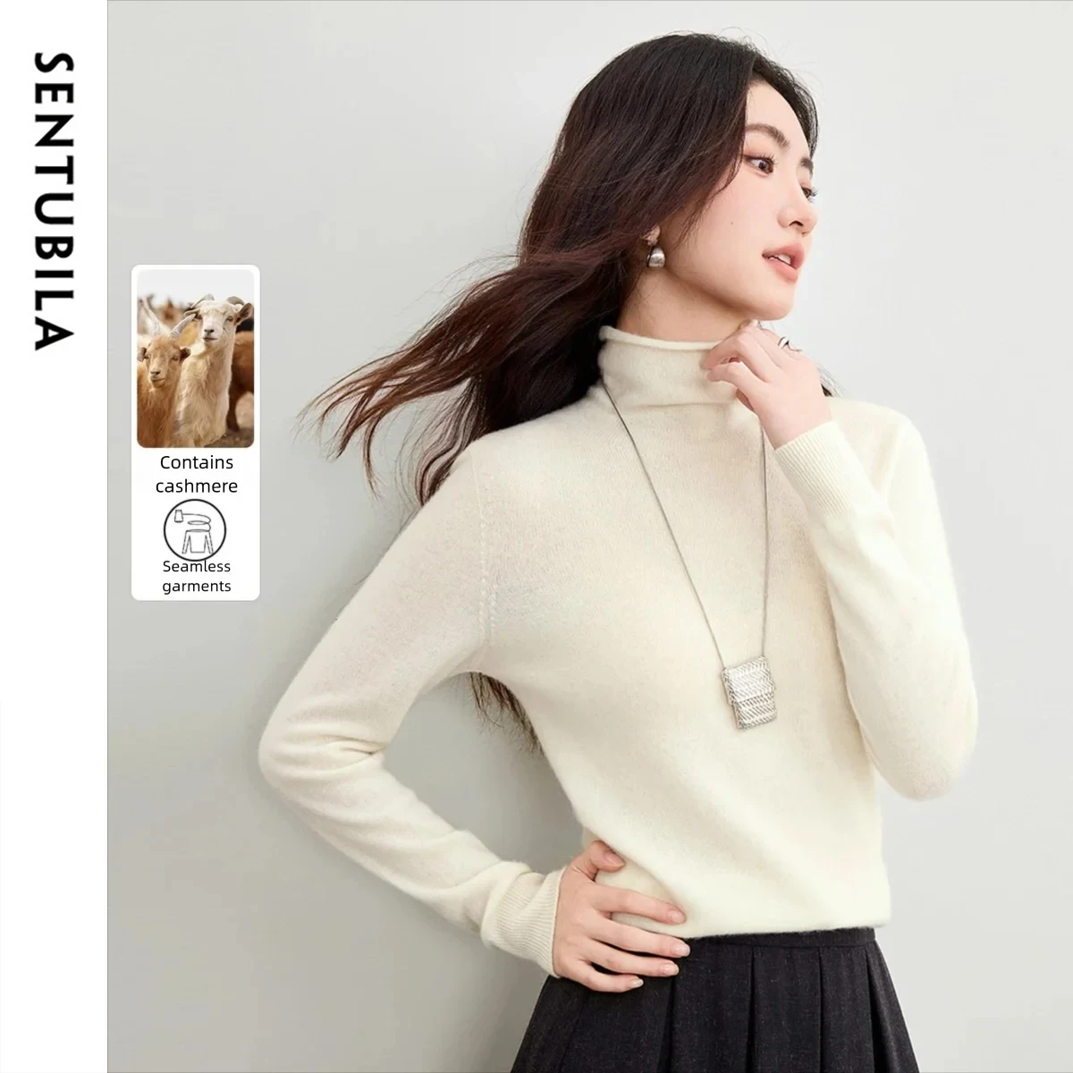 SENTUBILA Women's Cashmere Solid Pullover 2025 Autumn Seamless Knitted Soft Comfortable Turtleneck Elegant Fashion Top W53EI2796