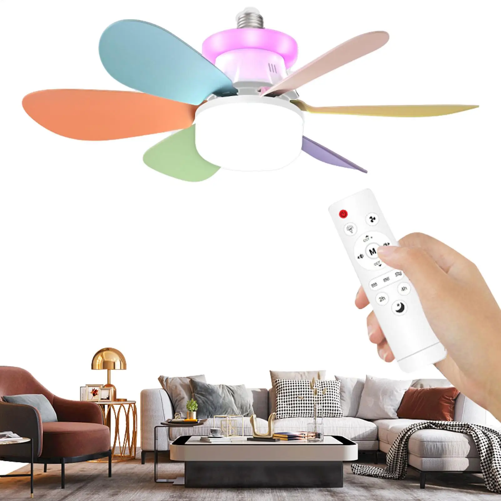 Colorful Ceiling Fan with Light Quiet LED RGB Ambient Light for Living Room 3 Speeds E27 Mouth Screw Removable Lamp for Kids