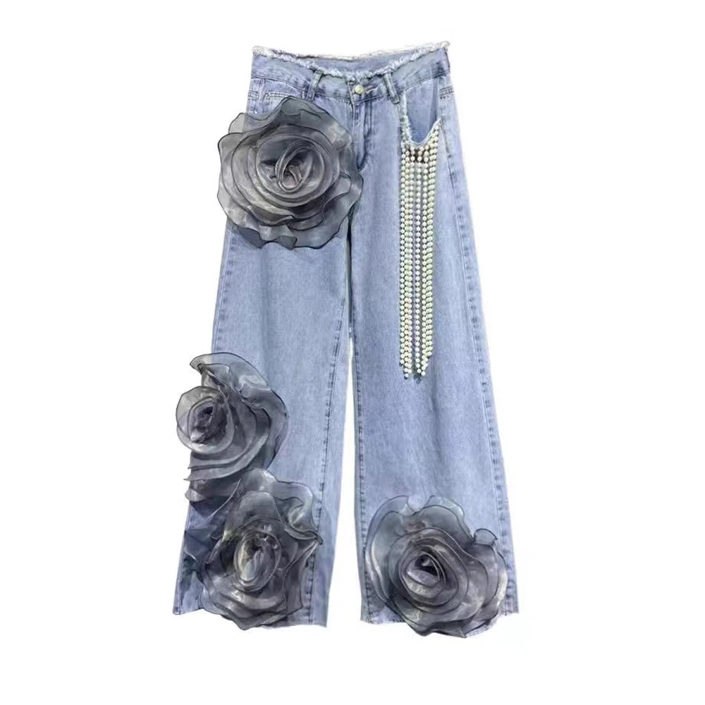 Design loose jeans retro summer new high waist hollow three-dimensional thin wide legs flowers mopping the floor