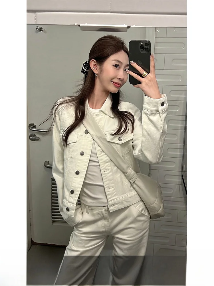 

4PRIL Casual Sle ort Denim Jaet Women's Spring Straight Leg Slimming Long Sve Collar Outerwear Coat