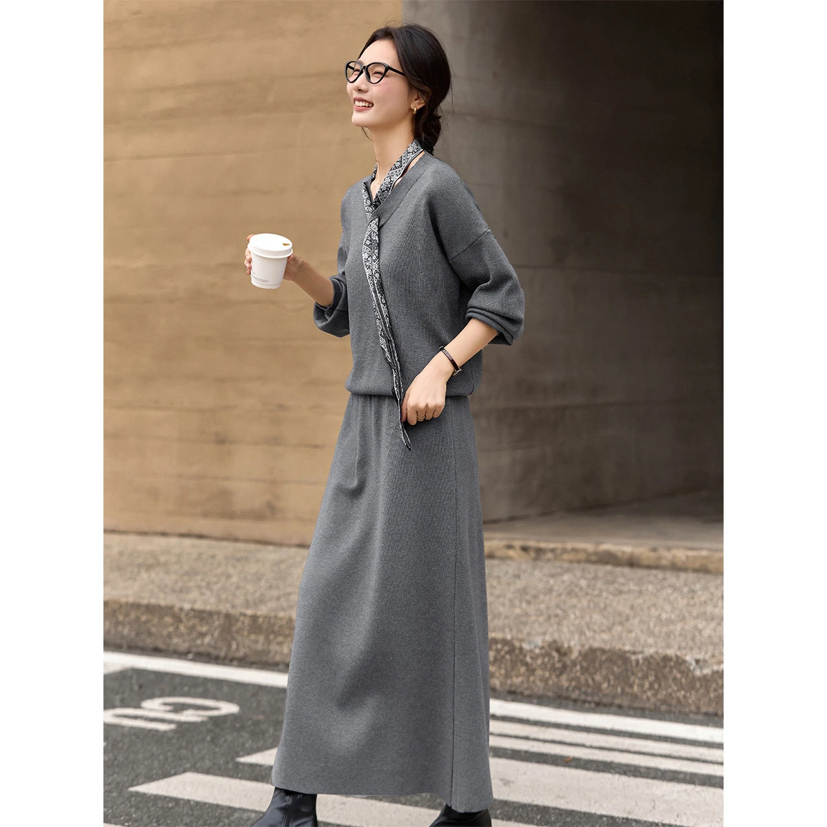 VIMLY النساء متماسكة تنورة مجموعات ركاب الخامس وشاح للرقبة كم كامل بلايز ألف خط التنانير الطويلة الشتاء لينة السيدات قطعتين مجموعة 30503