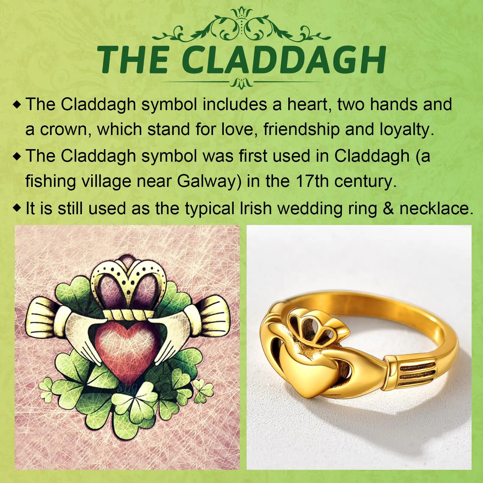 ChainsPro Claddagh Rings for Love Retro-style Stainless Steel 14K Gold Plated Crown Heart Hand Women Wedding Anniversary Ring