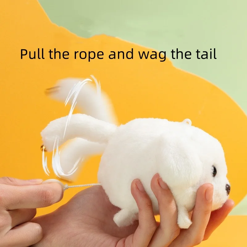 11cm Tail Wagging Dog Cute Pull Rope Will Move and Swing Rotating Puppy Dog String Plush Doll Pendant Stress Relieving Toys Gift