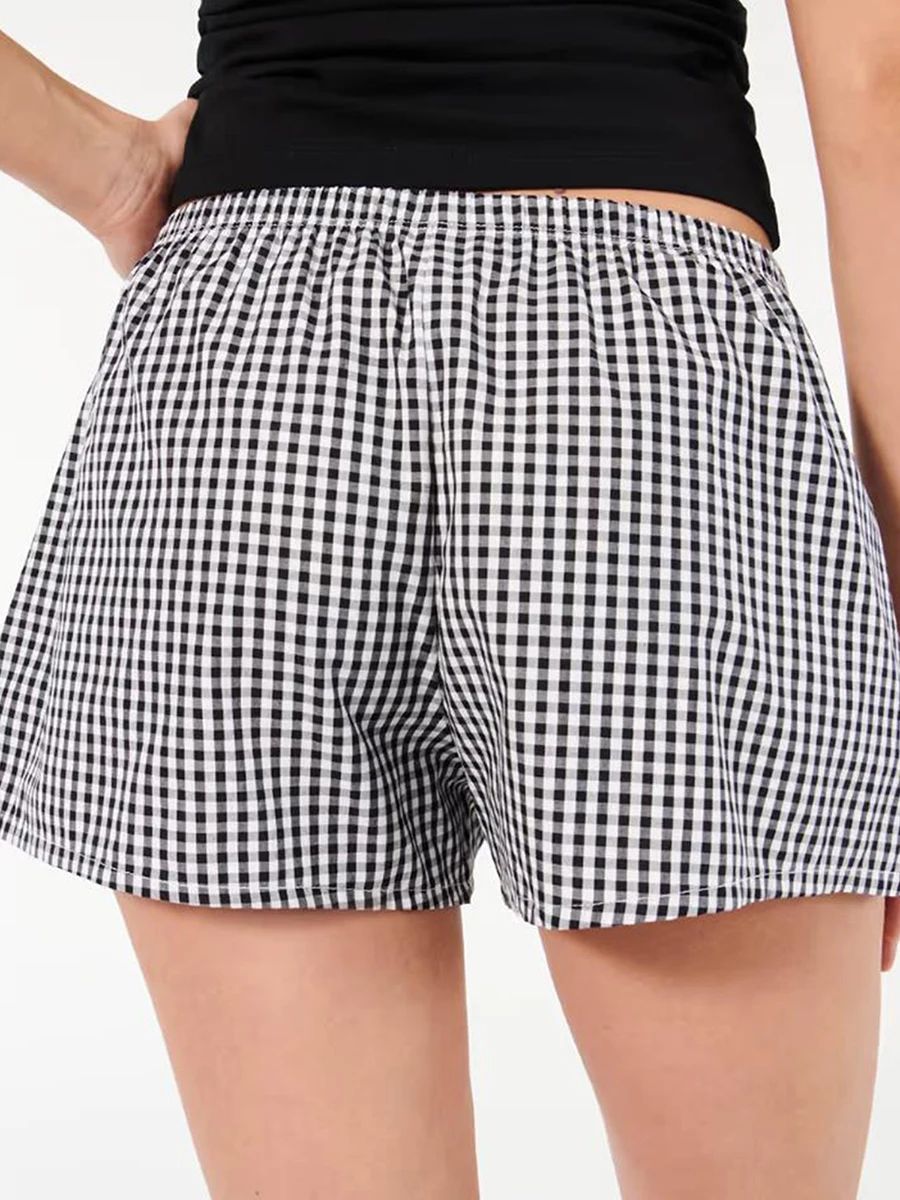 Women Y2k Plaid Pajama Boxer Shorts Elastic Waist Elastic Wide Leg Sleep Shorts Summer Casual Pajama Bottoms