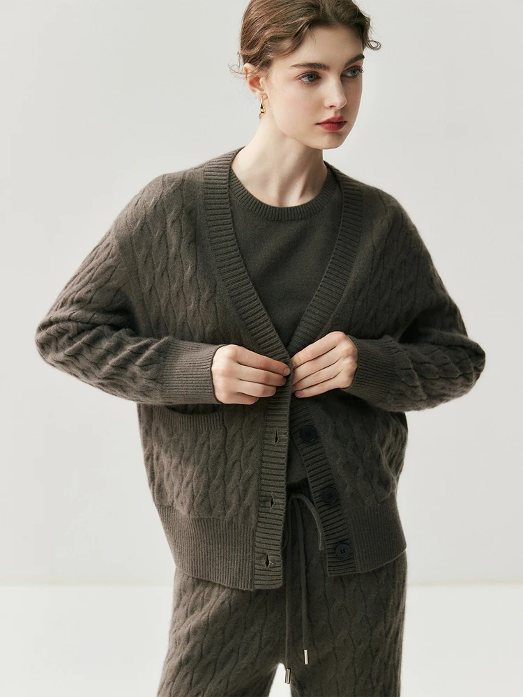 TLOML جديد الخريف الشتاء شيك المرأة 100% الكشمير تريكو كابل متماسكة الخامس الرقبة أزرار جيب سترة لينة الدافئة مريح سترة القمم