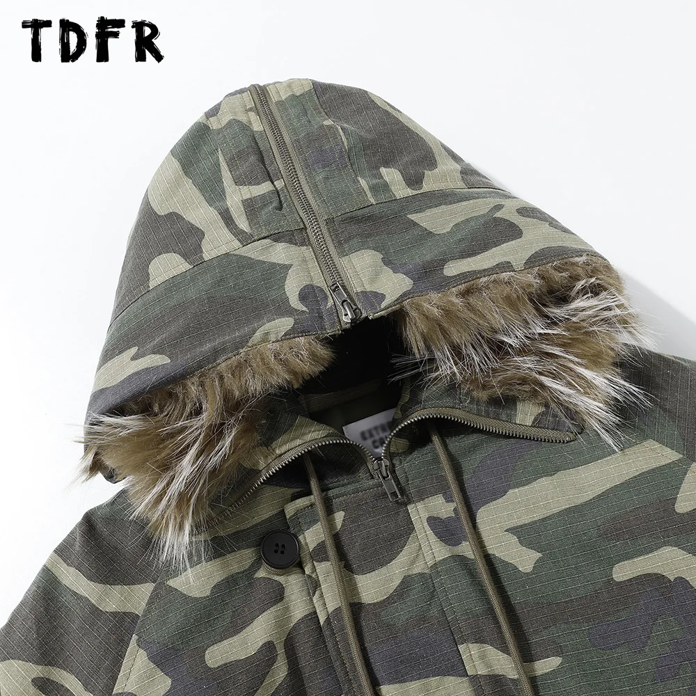 Camuflagem com capuz acolchoado jaqueta masculina botão decoração safari estilo inverno grosso manga longa acolchoado jaqueta masculina