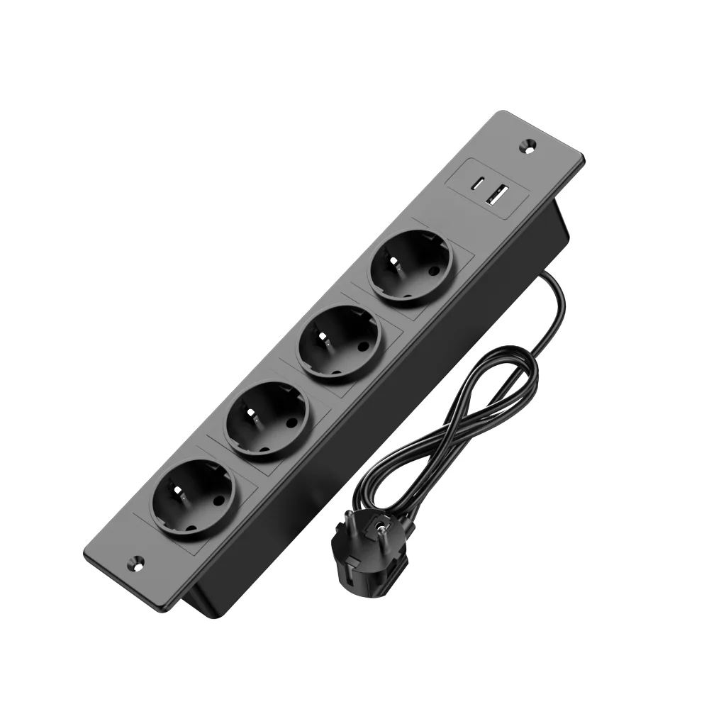 Image of Schwarze Einbau-Steckdosenleiste 4 AC-Steckdosen 2 USB-Anschlüsse 16A 3680W EU-Stecker Überspannungsschutz 1,5M Kabel Schreibtischsteckdose für Zuhause und Büro
