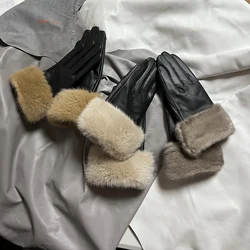 Women Real Mink Fur Gloves Soft Sheepskin Leather Gloves Winter Warmer 100% Real Mink Fur Mittens Female Genuine Gloves Guantes