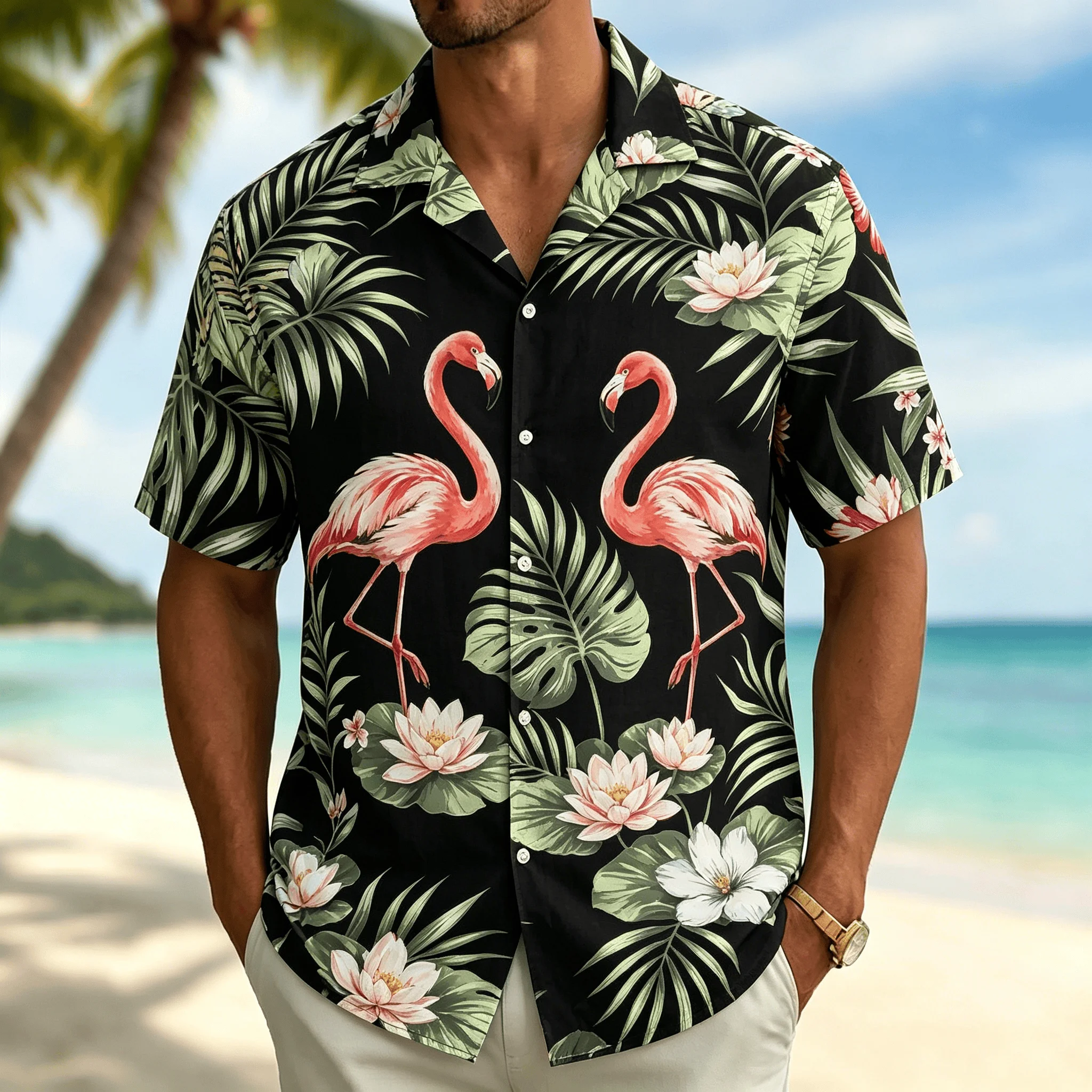 Men's Black Tropical Zebra Print Short Sleeve Shirt, Casual Hawaiian Button Down Top With Plumeria Flowers For Spring Summer