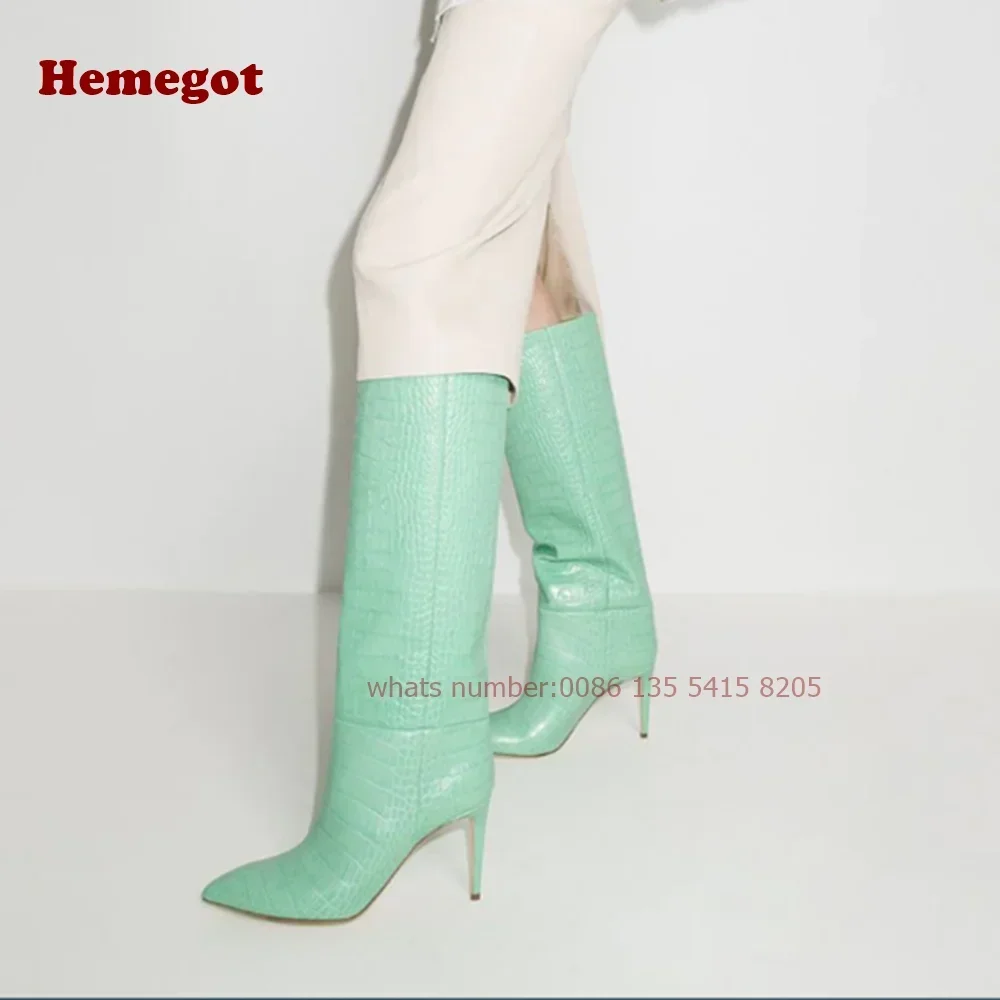 التمساح نمط حذاء برقبة للركبة مدبب تو الخنجر الكعوب الانزلاق على الأحذية النسائية جلد غير رسمي الصلبة شتاء دافئ المدرج الأحذية #4