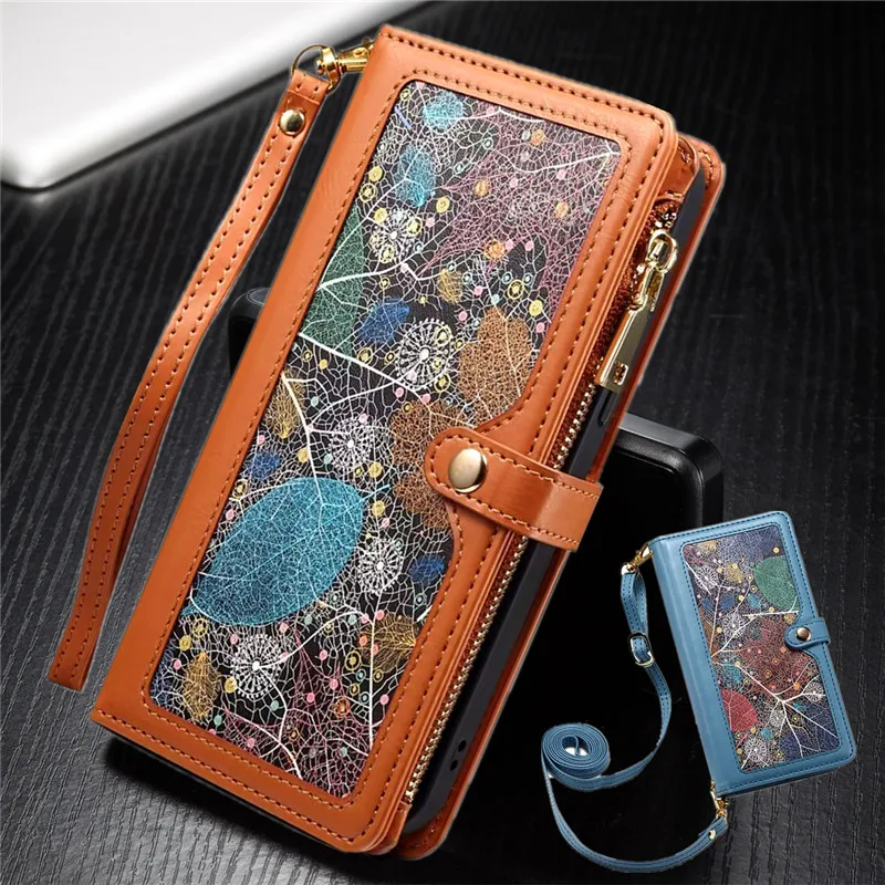 

Zipper Purse Phone Cases For Iphone 15 14 13 12 11 Pro Xs Max X Leather Wallet Smartphone Case Crossbody Hand Strap Design Cover