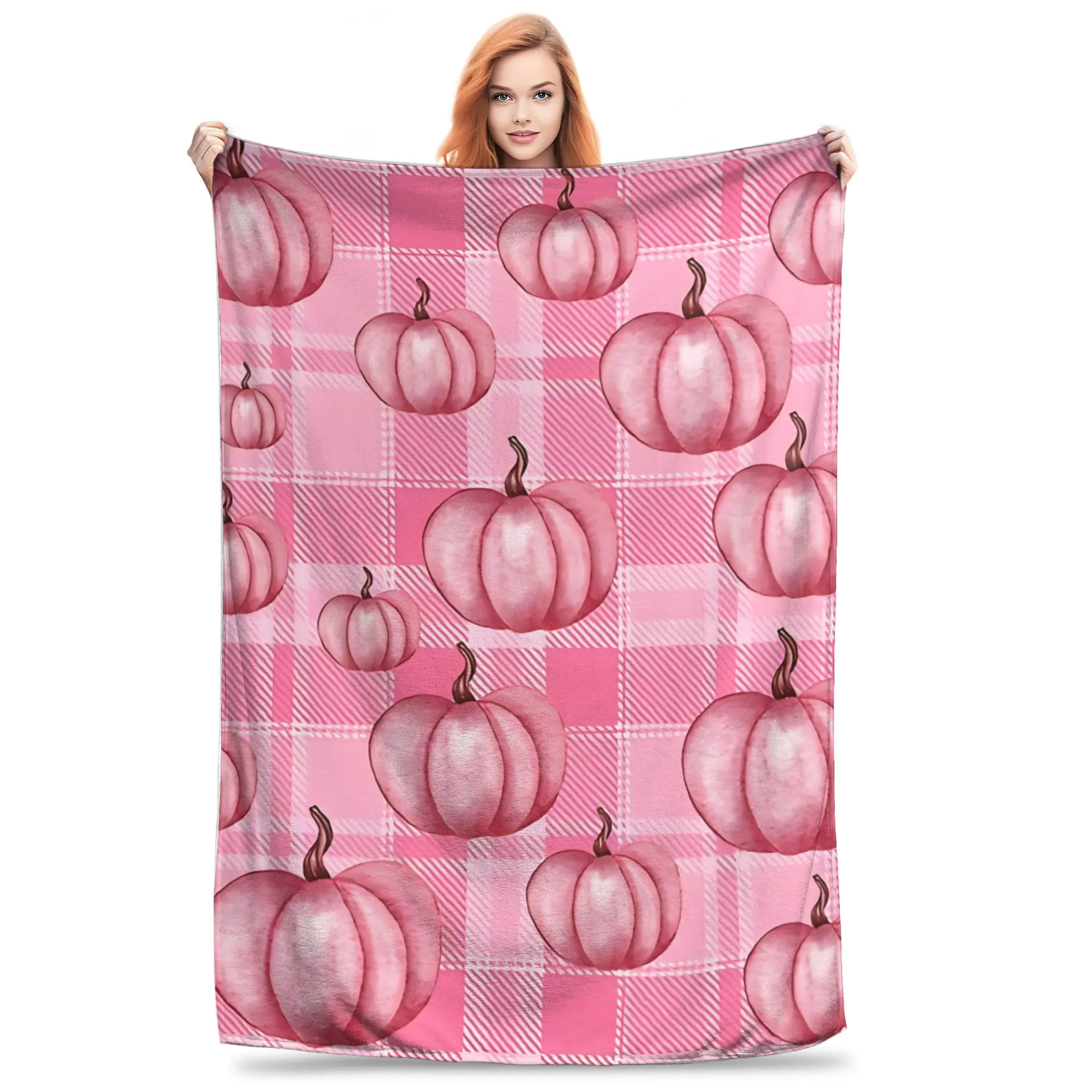 1PC Pink Plaid Pumpkin Pattern  Winter Blankets for Adults Bedding Home Interior Sofa Knee