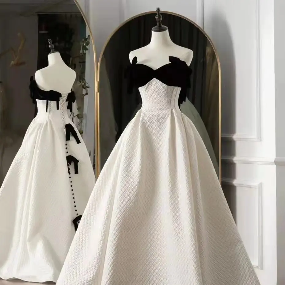 Luxurious Heart-shaped Collar Big A Swing And Floor-length Dress 2022 Black And White With Printed Lace Floor-to-ceiling Long Dr