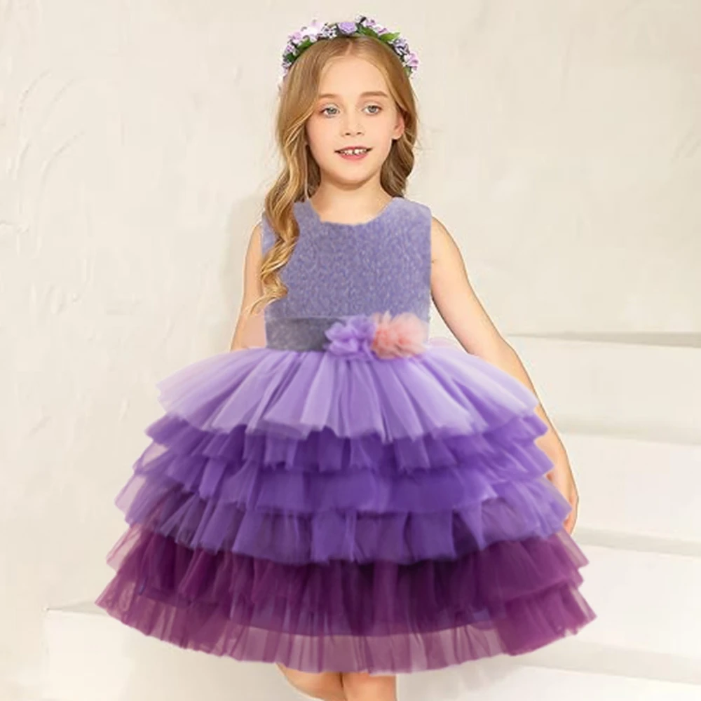 Purple Gradient Girls Party Dress Fluffy Mesh Flower Birthday Wedding Prom Princess Dresses for Kids Bridemaid Evening Clothing