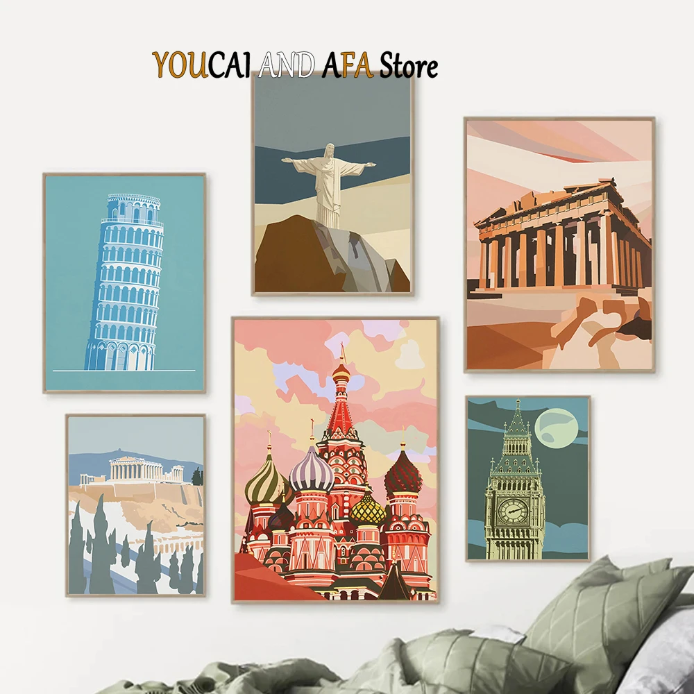 العمارة العالمية الشهيرة الفن الحديث يطبع برج بيزا أثينا أكروبوليس بيغ بن تمثال الحرية ديكور الحد الأدنى من القماش ديكور