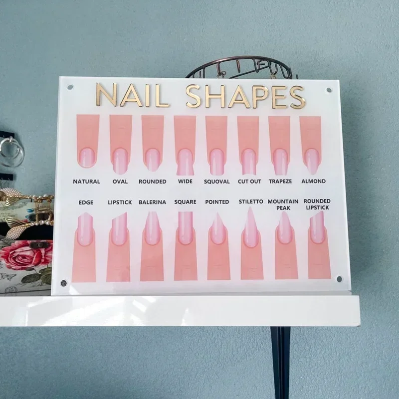 Nail Shapes Acrylic Sign for The Wall ,White Background with Golden Letters, All Mounting Material Included