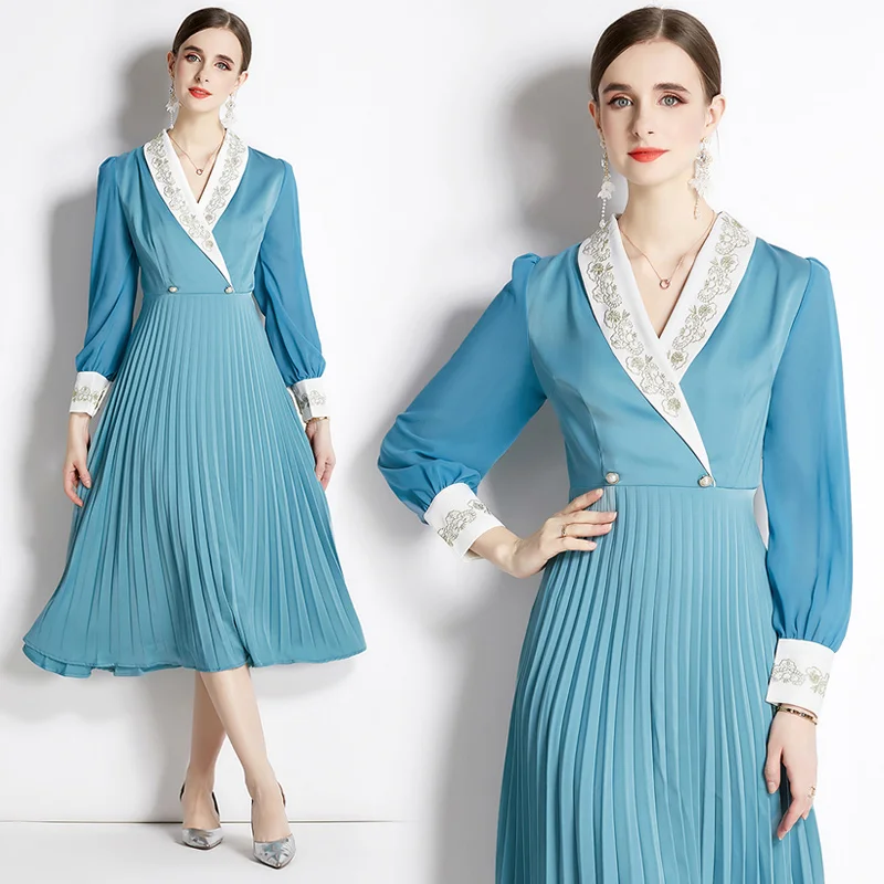 2024 New Long Sleeve Embroidered Dress for Women Slimming and Slimming V-neck Suit Collar Pleated A-line Socialite Long Dress