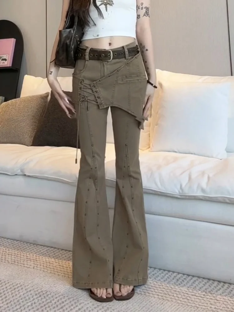 

Women's Khaki Flare Pants Y2k Retro Emo 2000s Streetwear Fashion Trousers Harajuku Wide Yoga Pants 90s Aesthetic Clothes
