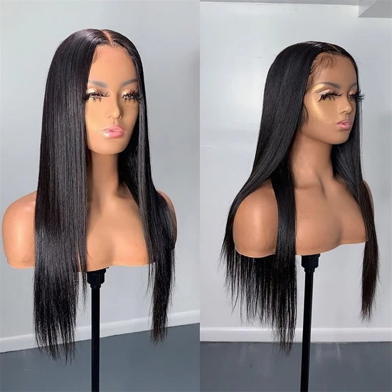 Perruque Lace Front Wig synthétique lisse sans colle, 26 pouces, densité 180, noire naturelle, pour femmes, avec Baby Hair, lisse, préplumée, 03/3