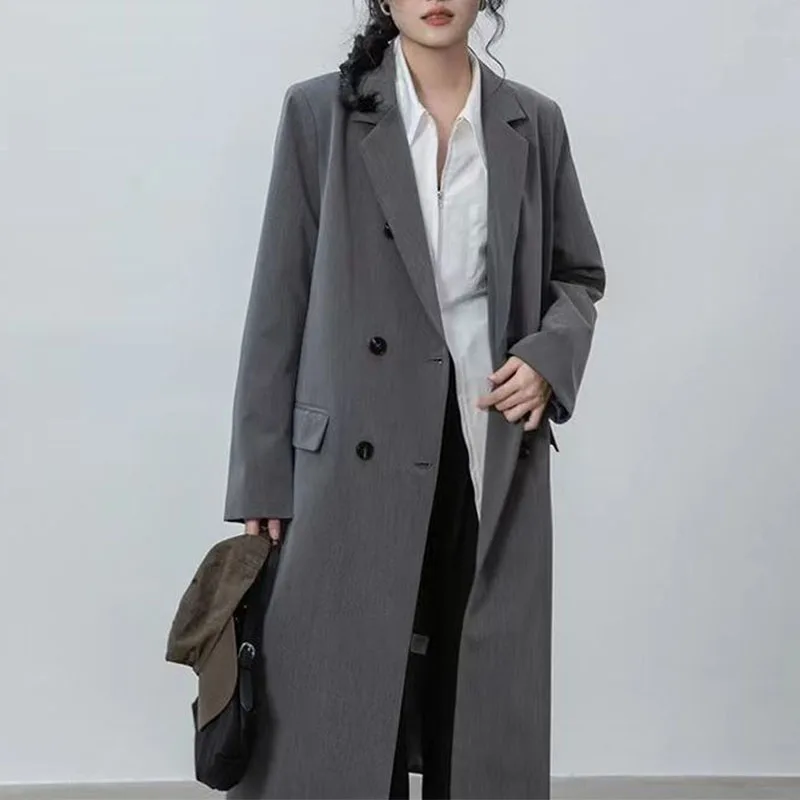 

England Harajuku Women Spring Autumn Solid Color Suit Collar Long Sleeve Double Breasted Cardigans High Street Long Trench Coats