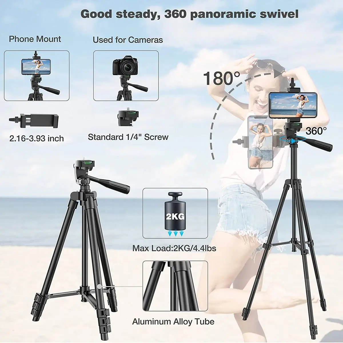 NA-3120 Phone Tripod Stand 102cm Universal DSLR Photography for Gopro iPhone Phone Aluminum Travel Tripod Par with Selfie Remote