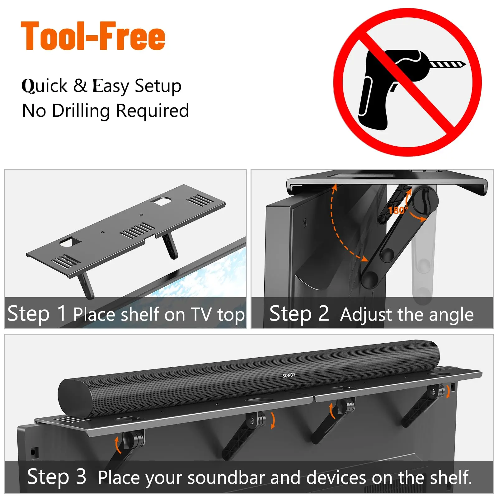 Universal Soundbar Mount No Drilling Steel TV Top Shelf Fits Most of Sound Bars Up to 15 Lbs Space-Saving