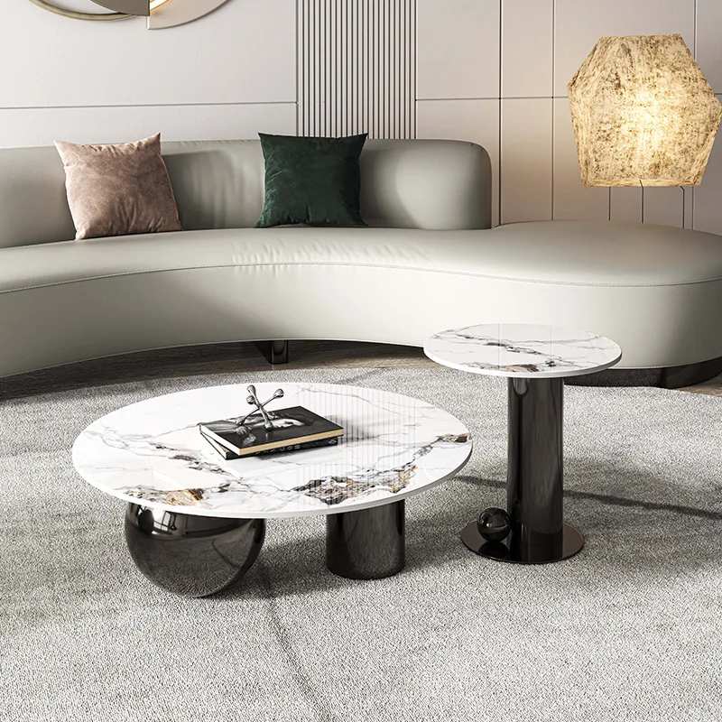 

Italian rock slab coffee table combination round simple modern light luxury stainless steel Internet celebrity
