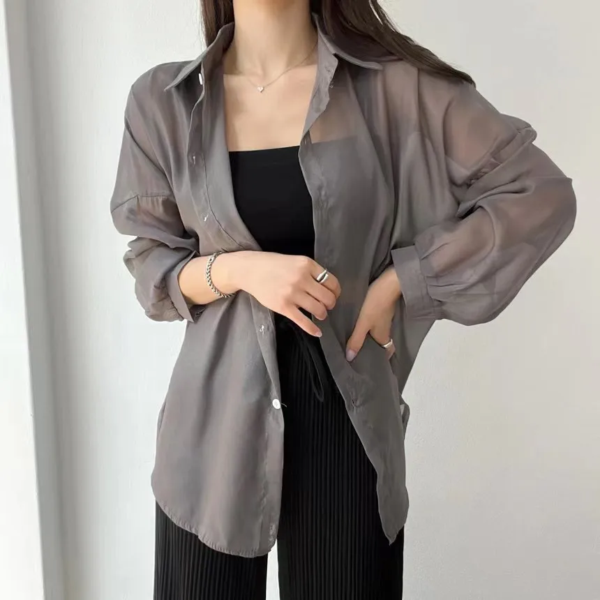Summer Long Sleeve Blue Loose Casual Tops Oversize Transparent Shirt Thin Chiffon Sunscreen Shirts Women Lady Sunscreen Shirt
