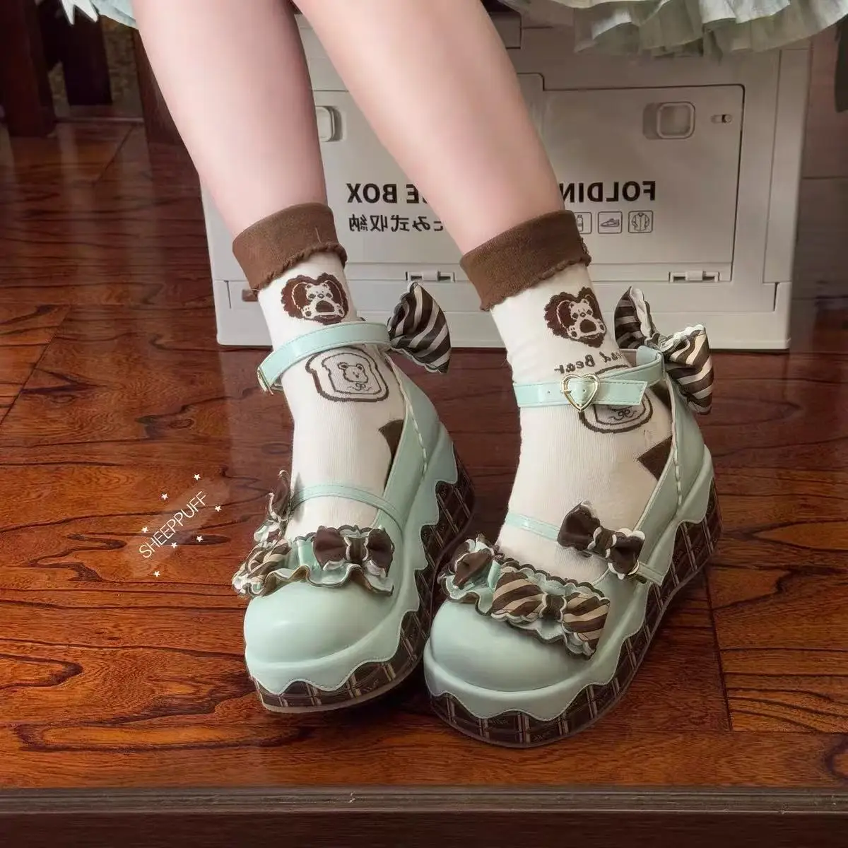 Preppy Style Sweet Girls Lolita Flat Platform ,Students Cute Chocolate Bowknots Ankle Strap Mary Janes Elevator Shoes