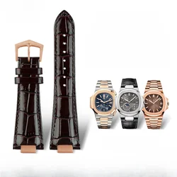 Genuine Leather Watch Strap for Patek Philippe 5711 5712G Nautilus Series Concave Convex Mouth Steel Grain Watch Strap 25mm