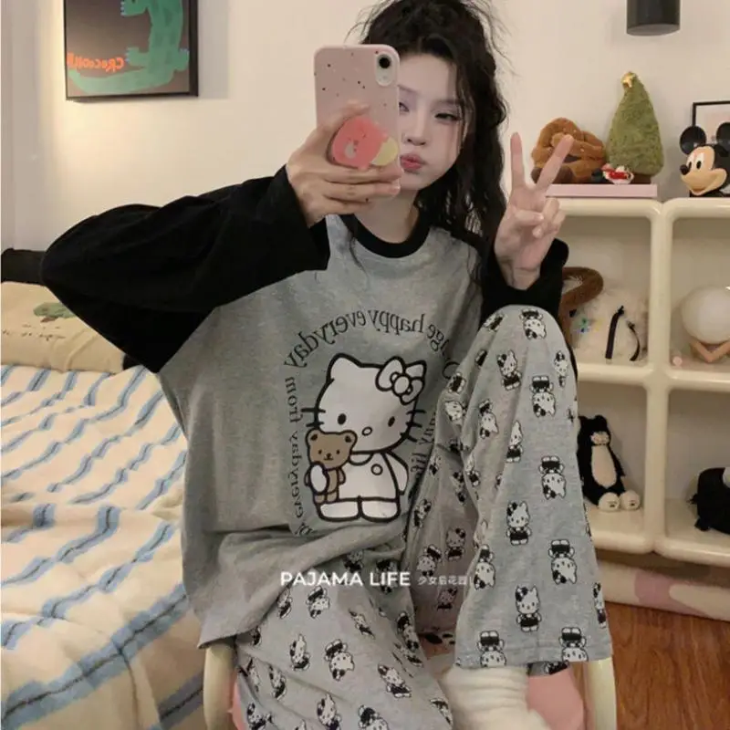 Cute Sanrioed Hello Kittys Women\'s Pajamas Set Cartoon Student Autumn Winter Long Sleeve Pants Loose Home Clothes Girl Nightwear