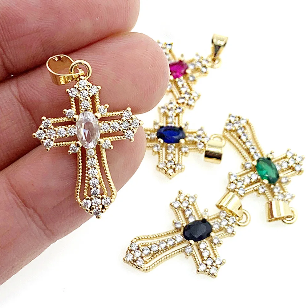 New Fashion Cross Charms wisiorek pozłacany kolorowy CZ sześcienny cyrkon Hip Hop fajny naszyjnik biżuteria akcesoria dla kobiet mężczyzn