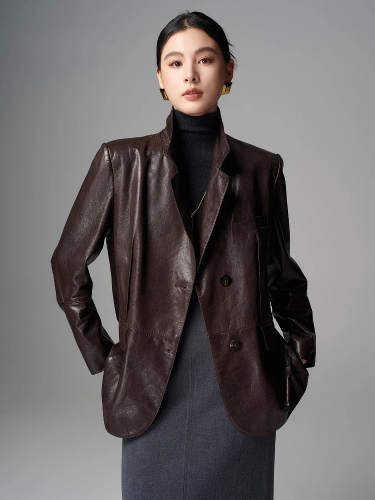 

Vintage Genuine Leather Blazer Jackets for Women Spring Autumn 2026 New High-end Simple Loose Soft Real Goatskin Leather Coat