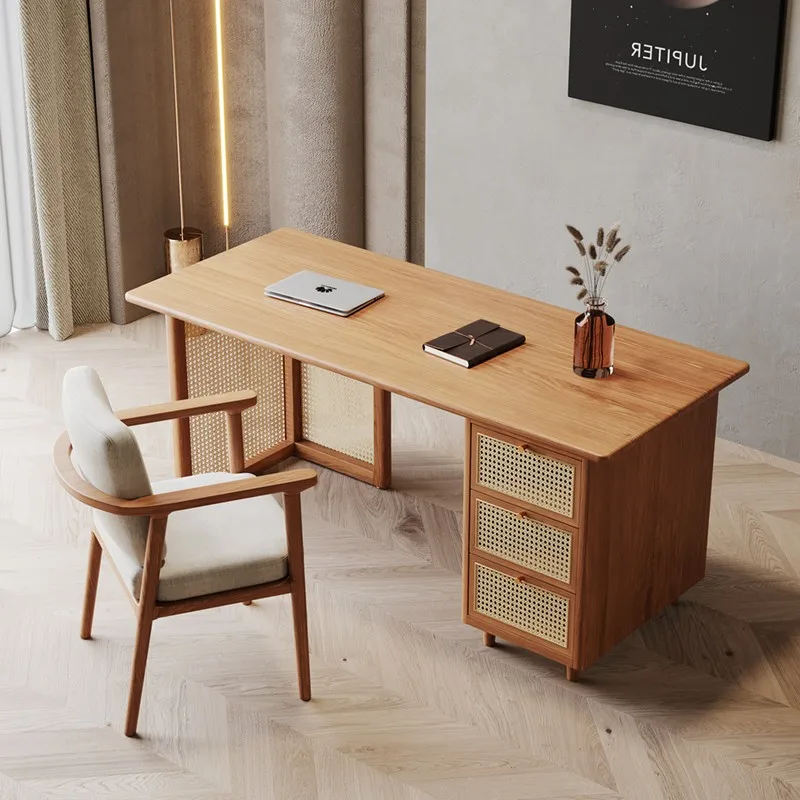 

All solid wood desk bedroom rattan Nordic home writing table small apartment simple drawer locker computer table