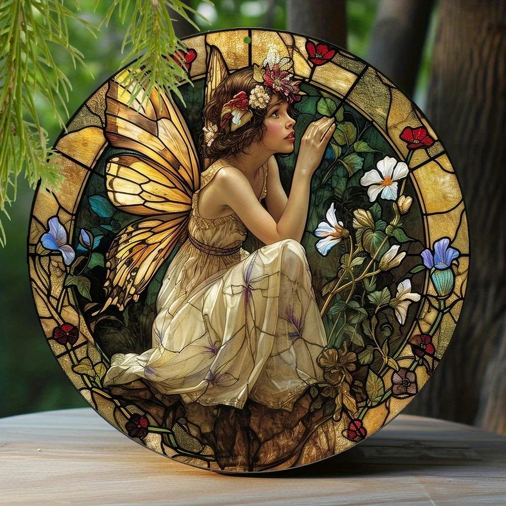 Aluminum Metal Sign Faux Stained Glass Circular Wreath Sign Apartment Decor Thanksgiving Day Gifts Spring Fairy Theme Decoration