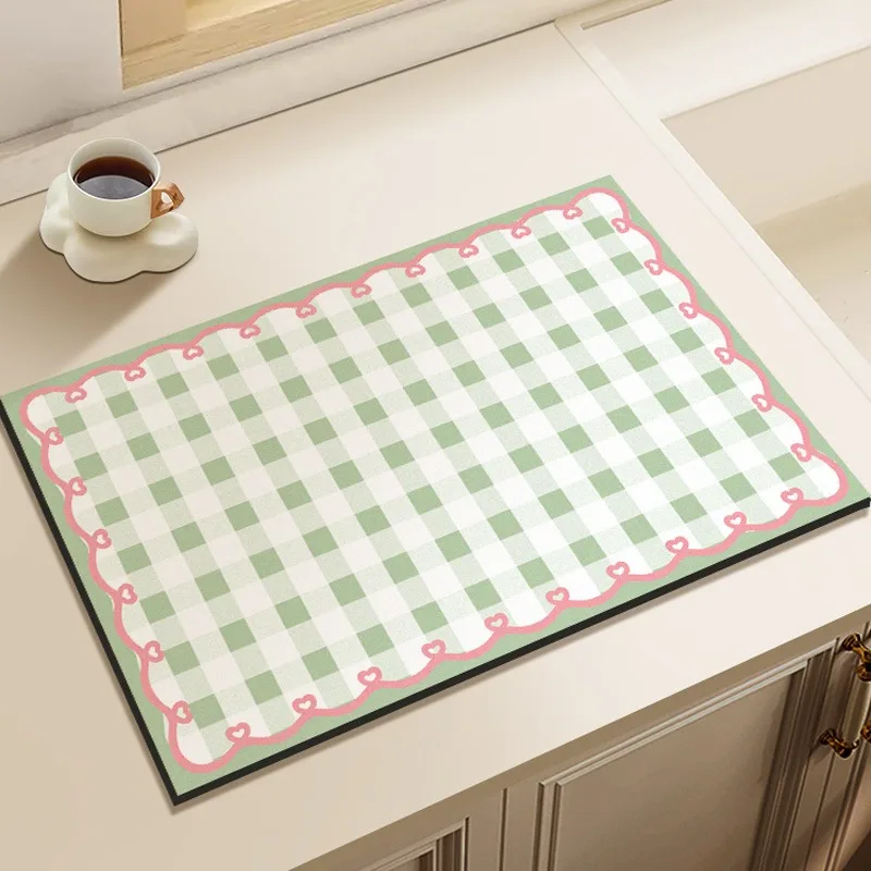 Cute Pink Gingham Dish Drying Mat Sweet Pink White Checkerboard Pattern Draining Pad Non-Slip Kitchen Mat for Countertop Sink