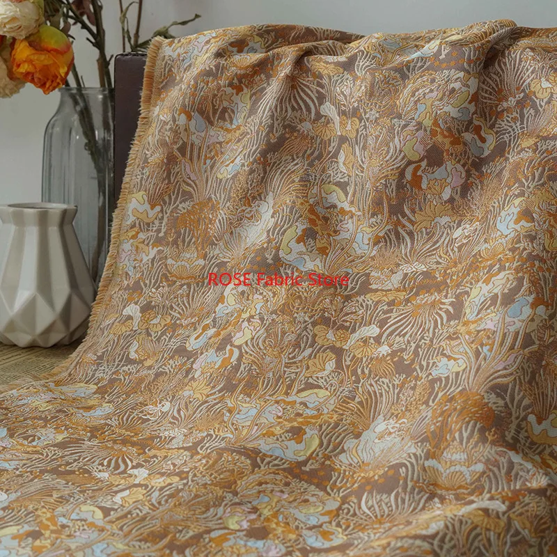 

1 meter Brown Coffee Skin Friendly Yarn Dyed Jacquard Fabric Lotus Leaf Retro Dress Clothing Decorative Sewing Fabric