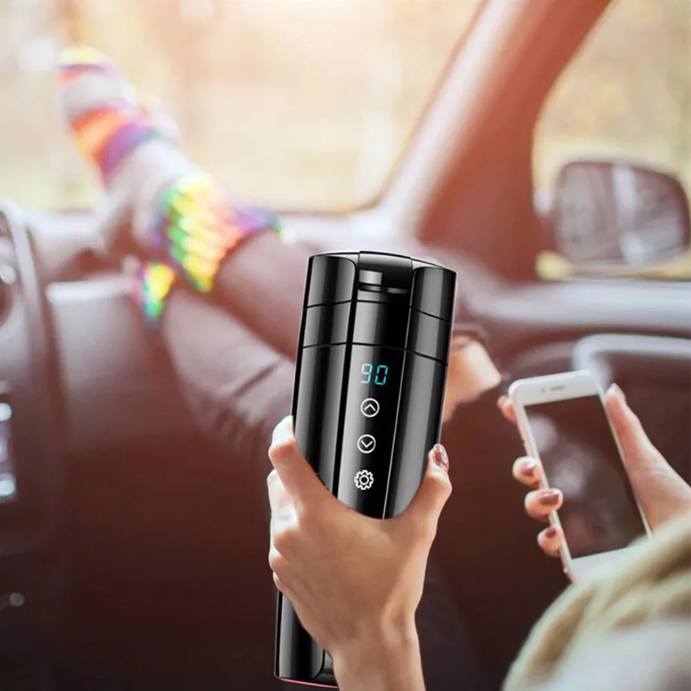 Taza calefactora portátil para coche de 12V, pantalla táctil de acero inoxidable de 400ml, pantalla Digital, botella calentadora de agua, termo, hervidor de agua para coche