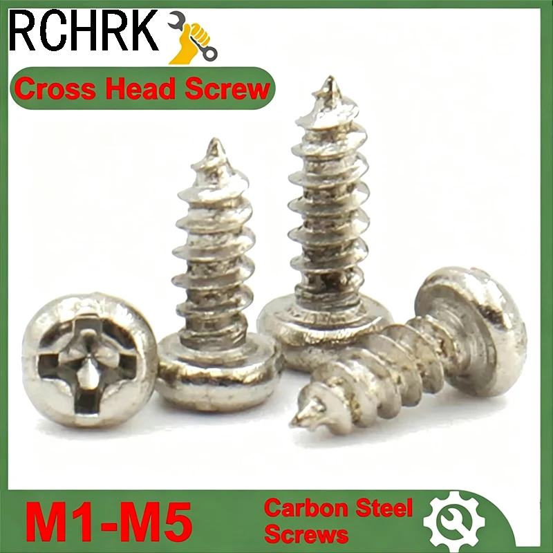 100pcs Nickel-Plated Carbon Steel M1 M1.2 M1.4 M1.7 M2 M3 M4 M5 Cross Recessed Round Head Self-Tapping Screw