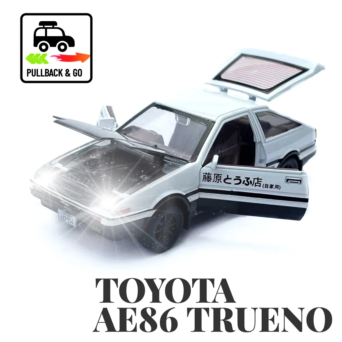 Scale 1:32 Toyota AE86 Trueno Pullback Car Toy with Lights Engine Sound, Metal Diecast Car Model Miniature Gift Kid Boy Toy