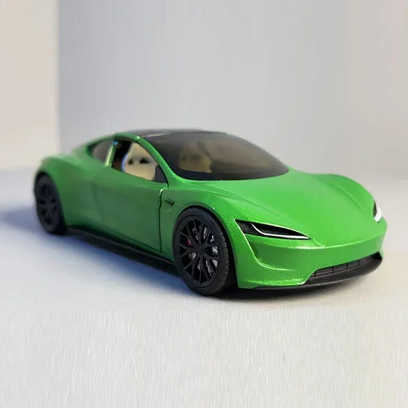 Diecast Alloy 1:24 Tesla Roadster Car Model with Charging Post Collective Voiture Miniature Sound And Light Toys Vehicles Boys