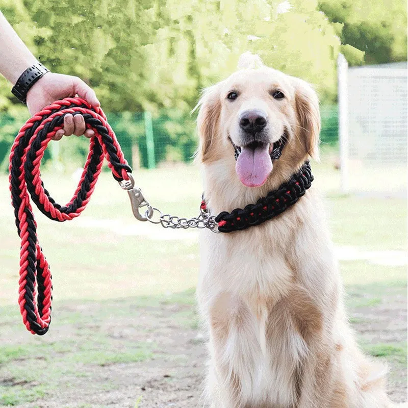 

1.2M /1.5M Double Strand Nylon Braided Dog Leashes Metal P Chain Buckle National Color Pet Traction Rope Collar Set For Big Dogs